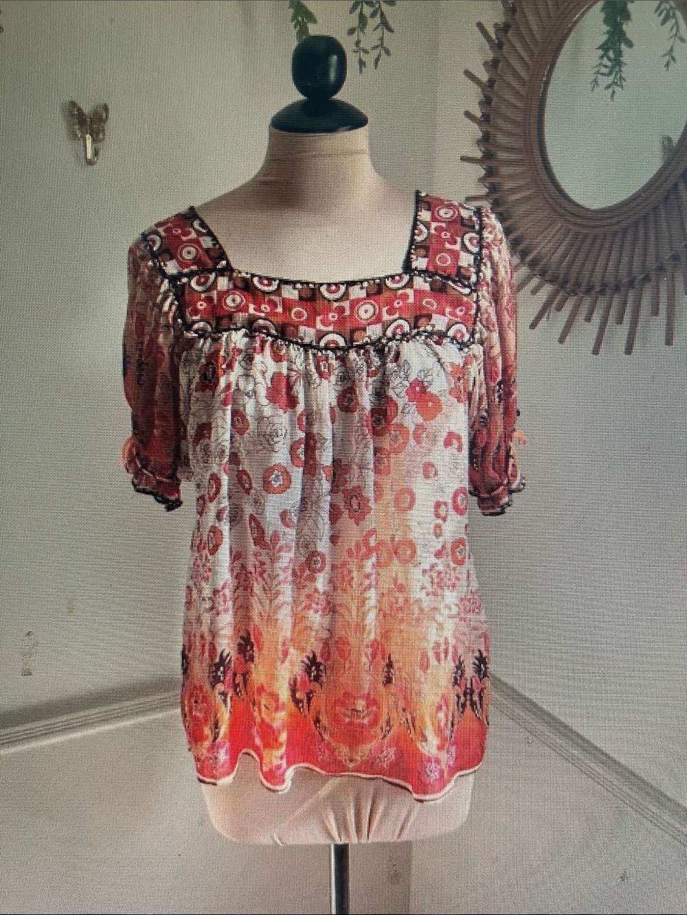 Boho Floral Square-Neck Blouse in Red and Cream
